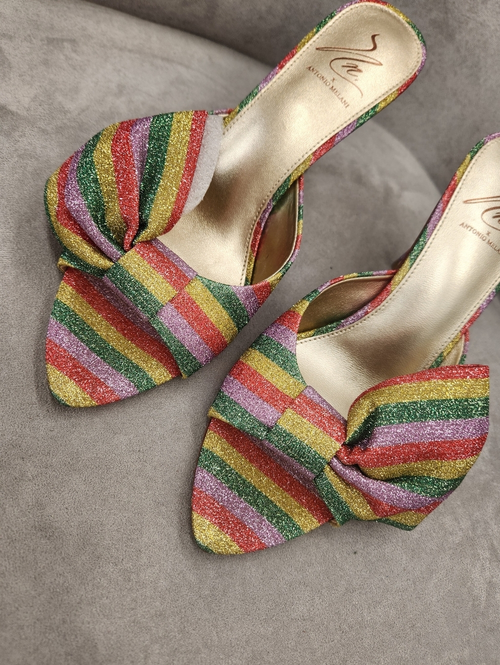 Antonio Melani The Nat Note Dress Mules 9.5 Rainbow Striped Julieta Bow New $180 - Picture 10 of 17